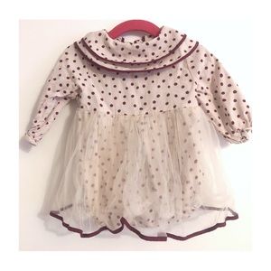 Adorable Mini Olie Burgundy Polka Dot Romper with Collar and Tulle Skirt Layer